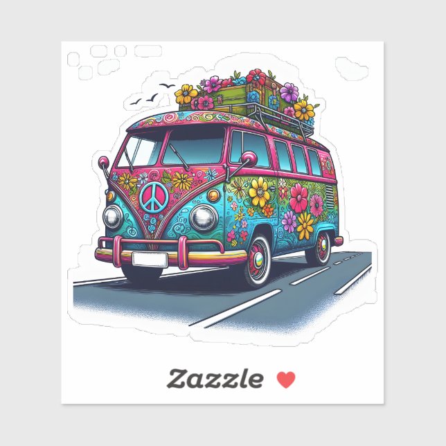 Flowered Retro Van on the Road Sticker (Sheet)