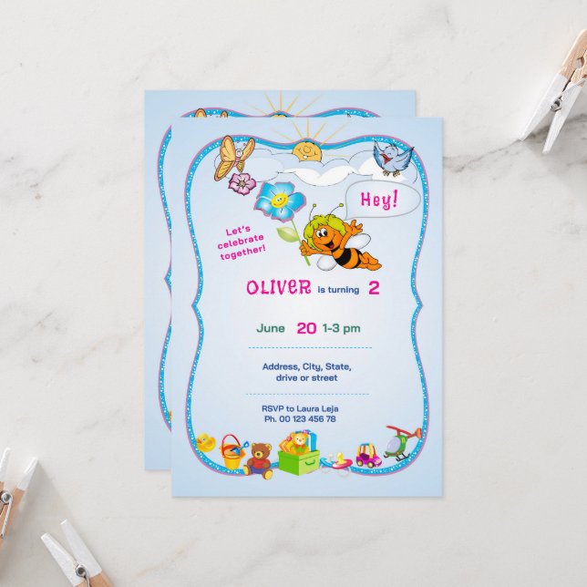 Flowered Theme invitaion. Kids party. Invitation (Front/Back In Situ)