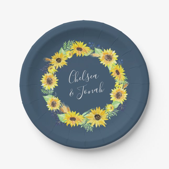 Flowerfields | Sunflower Wreath Wedding Paper Plates (Front)
