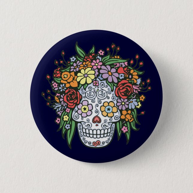 Flowerhair Sugar Skull Button (Front)