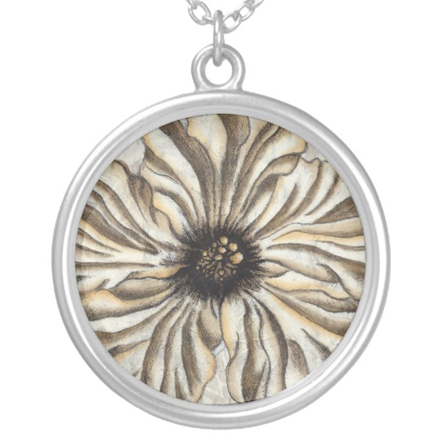 Flowerhead Fresco on Tan Background Silver Plated Necklace (Front)