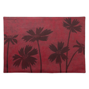Flowerhead Silhouettes on Crimson Background Cloth Placemat