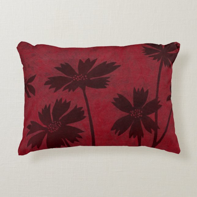 Flowerhead Silhouettes on Crimson Background Decorative Pillow (Front)