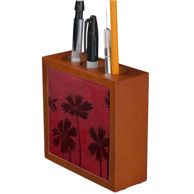 Flowerhead Silhouettes on Crimson Background Desk Organizer (In Situ)