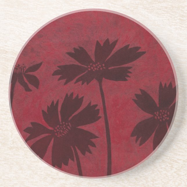 Flowerhead Silhouettes on Crimson Background Drink Coaster (Front)