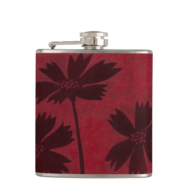 Flowerhead Silhouettes on Crimson Background Flask (Front)