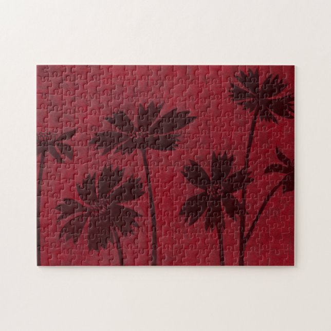 Flowerhead Silhouettes on Crimson Background Jigsaw Puzzle (Horizontal)