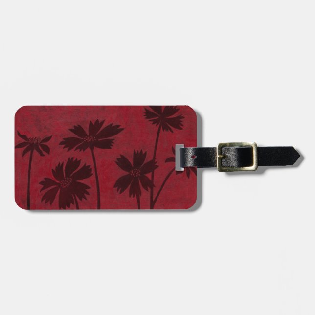 Flowerhead Silhouettes on Crimson Background Luggage Tag (Front Horizontal)