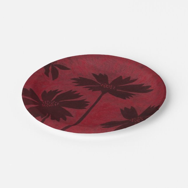 Flowerhead Silhouettes on Crimson Background Paper Plates (Angled)
