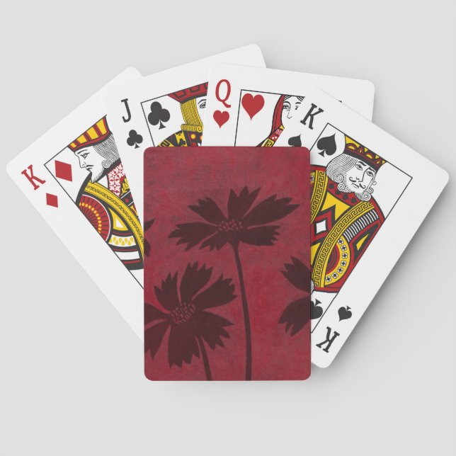 Flowerhead Silhouettes on Crimson Background Poker Cards (Back)