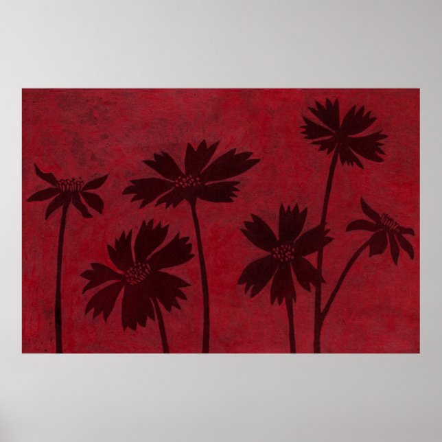 Flowerhead Silhouettes on Crimson Background Poster (Front)