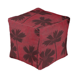 Flowerhead Silhouettes on Crimson Background Pouf