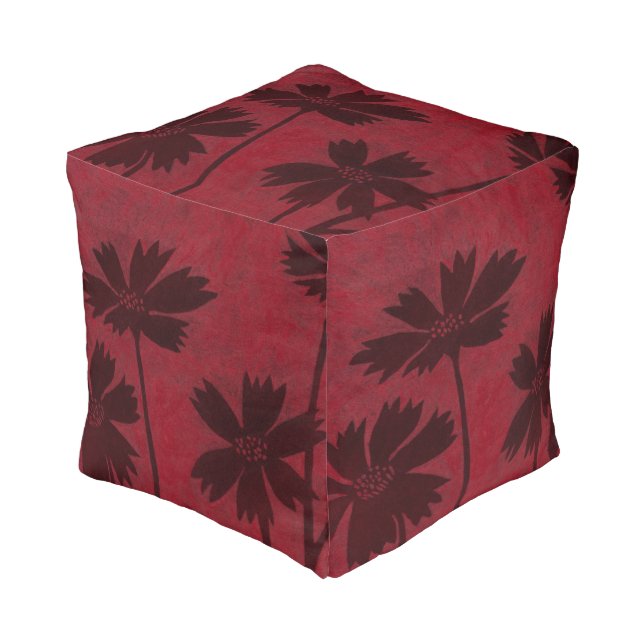 Flowerhead Silhouettes on Crimson Background Pouf (Angled Front)