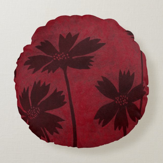 Flowerhead Silhouettes on Crimson Background Round Pillow (Front)
