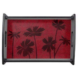 Flowerhead Silhouettes on Crimson Background Serving Tray