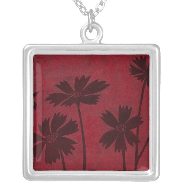 Flowerhead Silhouettes on Crimson Background Silver Plated Necklace (Front)