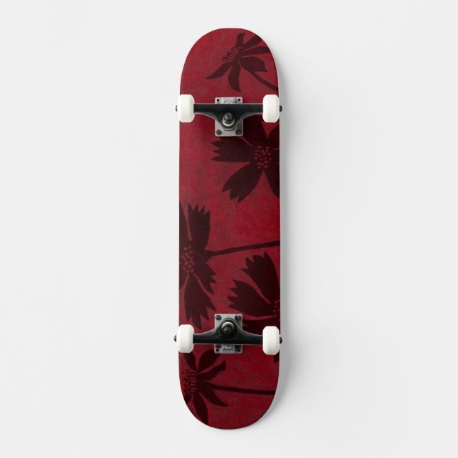 Flowerhead Silhouettes on Crimson Background Skateboard Deck (Front)