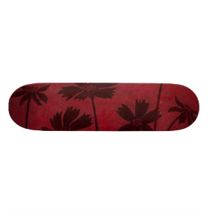 Flowerhead Silhouettes on Crimson Background Skateboard Deck