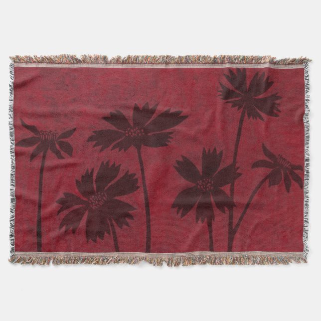 Flowerhead Silhouettes on Crimson Background Throw Blanket (Front)