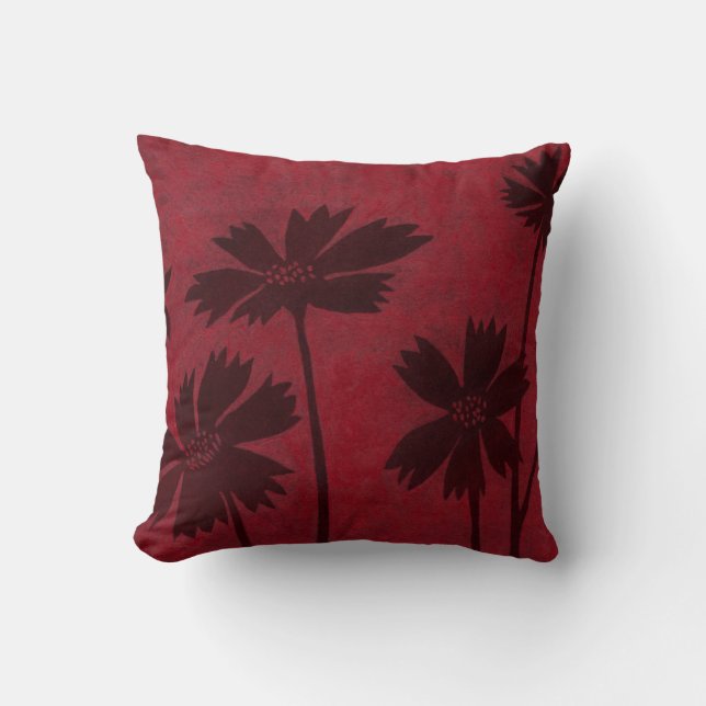 Flowerhead Silhouettes on Crimson Background Throw Pillow (Front)