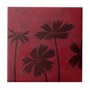 Flowerhead Silhouettes on Crimson Background Tile
