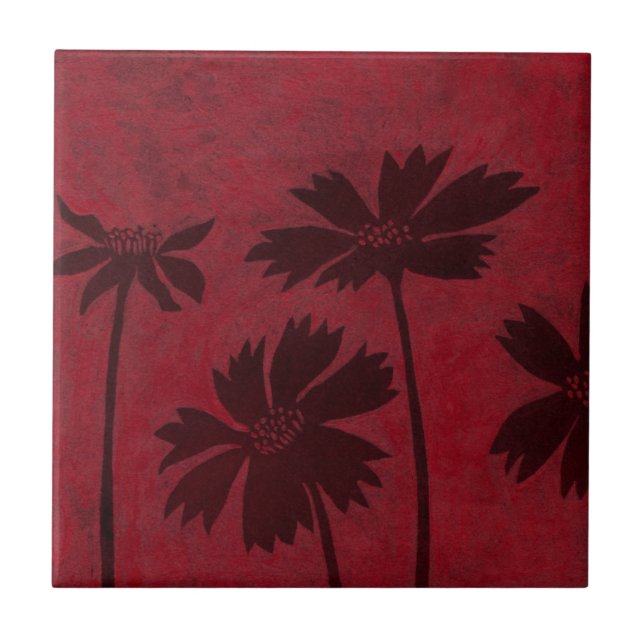 Flowerhead Silhouettes on Crimson Background Tile (Front)