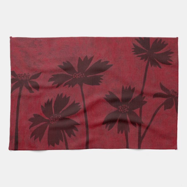 Flowerhead Silhouettes on Crimson Background Towel (Horizontal)