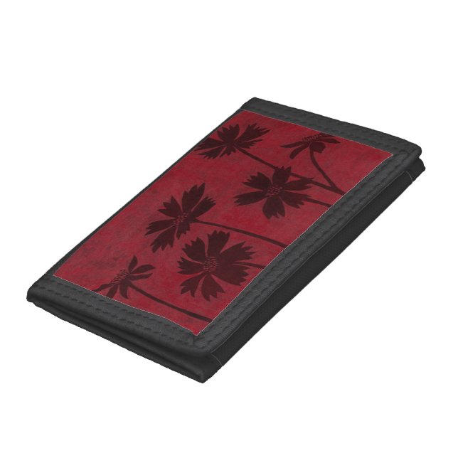 Flowerhead Silhouettes on Crimson Background Trifold Wallet (Bottom)