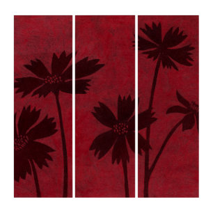 Flowerhead Silhouettes on Crimson Background Triptych