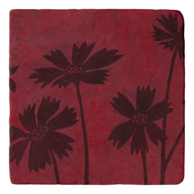 Flowerhead Silhouettes on Crimson Background Trivet (Front)