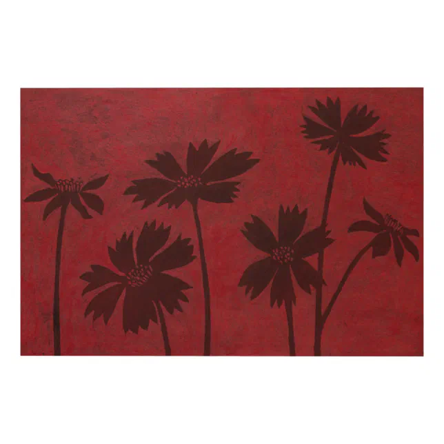 flowerhead-silhouettes-on-crimson-background-wood-wall-art-zazzle