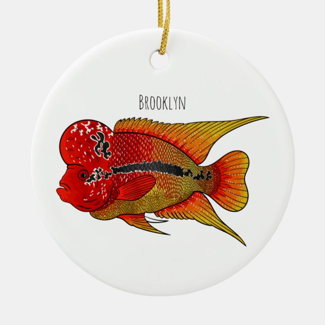 Flowerhorn cichlid fish cartoon illustration ceramic ornament (Front)