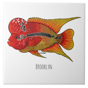 Flowerhorn cichlid fish cartoon illustration ceramic tile