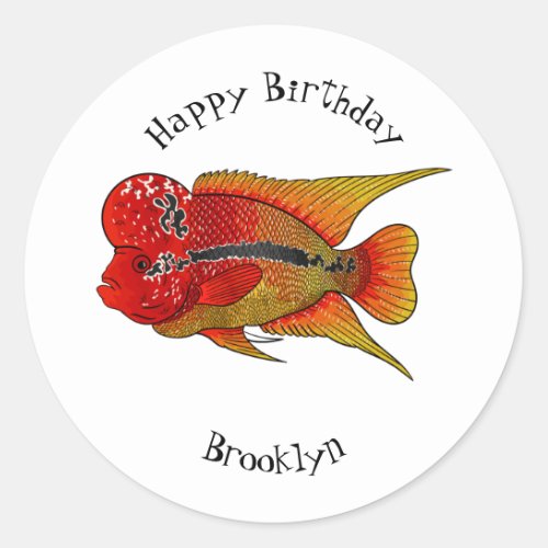 Flowerhorn cichlid fish cartoon illustration classic round sticker