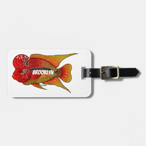 Flowerhorn cichlid fish cartoon illustration luggage tag