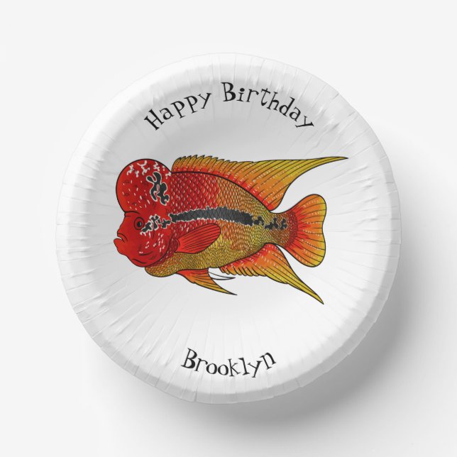Flowerhorn cichlid fish cartoon illustration paper bowls (Front)