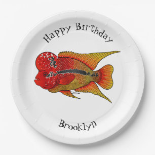 Flowerhorn cichlid fish cartoon illustration paper plates
