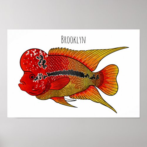 Flowerhorn cichlid fish cartoon illustration poster