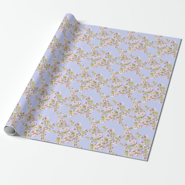 Flowering Apple Cherry Watercolor Pattern Wrapping Paper (Unrolled)