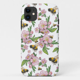 Flowering apple orchard with bees watercolor drawi iPhone 11 case