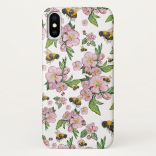 Flowering apple orchard with bees watercolor drawi iPhone x case