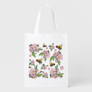 Flowering apple orchard with bees watercolor drawi grocery bag