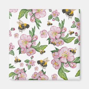 Flowering apple orchard with bees watercolor drawi magnet