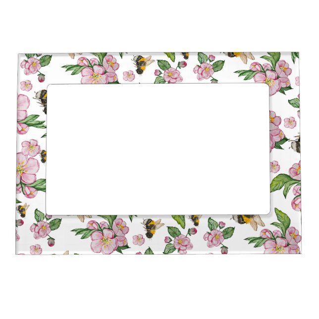 Flowering apple orchard with bees watercolor drawi magnetic frame (Front)