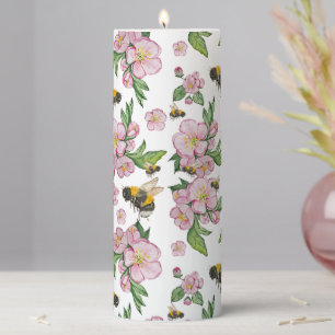 Flowering apple orchard with bees watercolor drawi pillar candle
