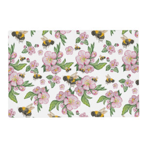 Flowering apple orchard with bees watercolor drawi placemat