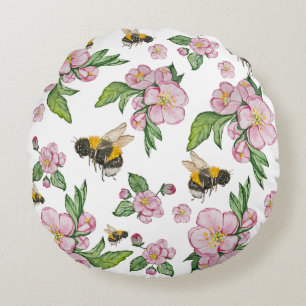 Flowering apple orchard with bees watercolor drawi round pillow