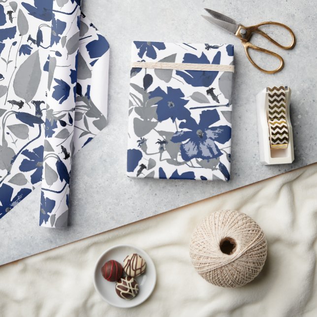 Flowering Blue Gray Clematis Vine Floral Wrapping Paper (Clematis Vine Elegant Blue Gray Flowers gift wrap from Studio Posies. )