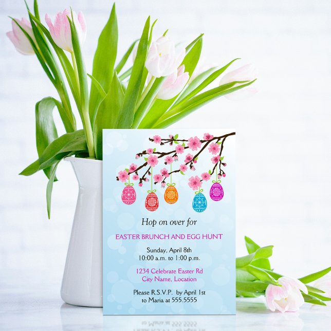 Flowering Branch Easter Eggs Party Invitation (Elegant Easter Party invitation with a spring flowering branch with easter eggs hanging.)