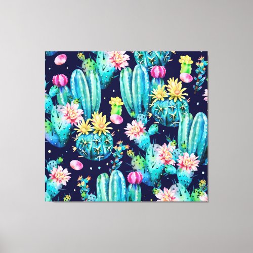 Flowering Cacti Dark Watercolor Pattern Canvas Print
